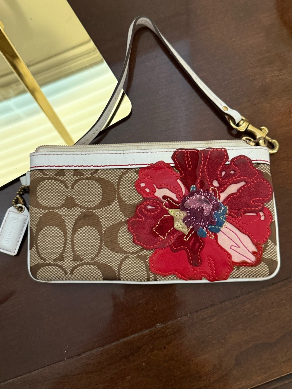 Vintage Coach Brown Signature Canvas Wristlet with Red Floral Applique